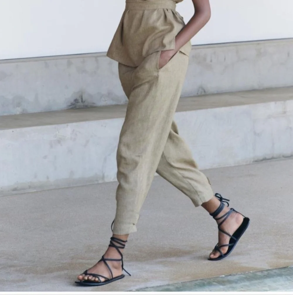 Zara ZW Collection Linen Blend Ankle Trousers NWT Taupe Beige XS